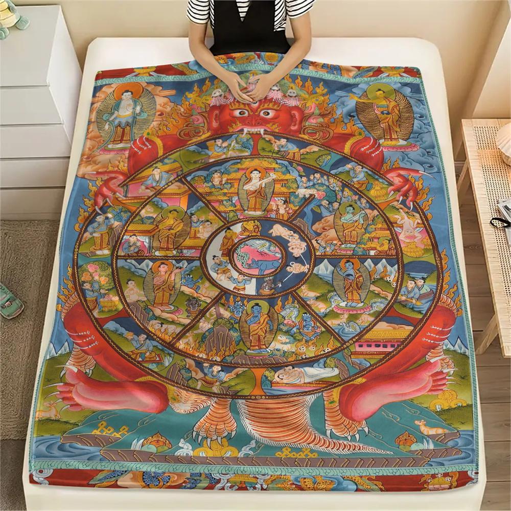1Pc Buddhism Wheel Print Flannel Blanket, High quality Comfortable for All Seasons, Home Decor, Warmth and Comfort, Perfect for Christmas Gifts