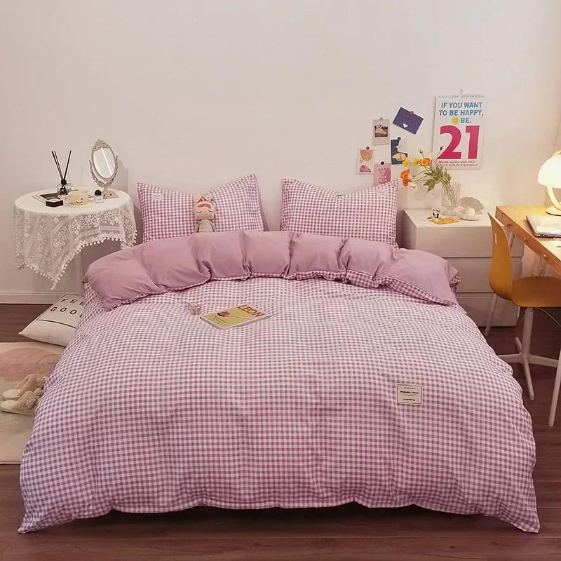 Japanese Grid Printed Washed Bedding Set Skin-Friendly Breathable Quilt Cover Sets for All Seasons Queen King Size Bedclothes