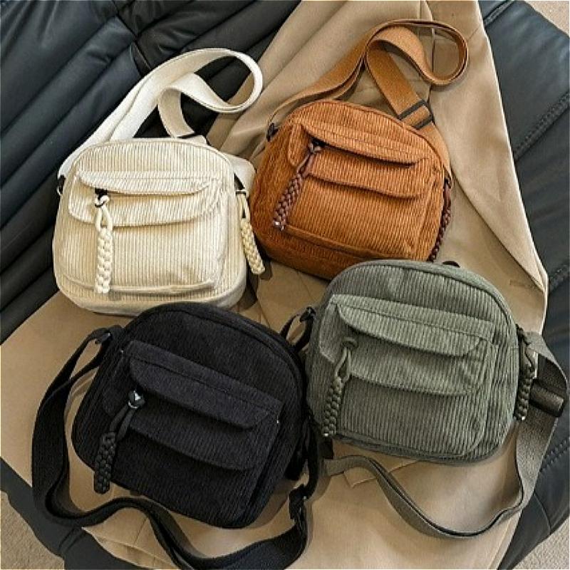 Women Corduroy Crossbody Bag Vintage Shoulder Bag Casual Mini Messenger Bag Lightweight Travel Handbag with Front Pocket Adjustable Strap