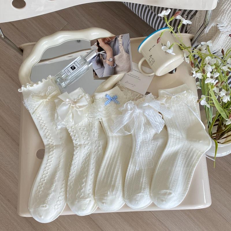 Female Spring Summer New Style Sweet Lace Edge Bow In The Tube Pile Socks