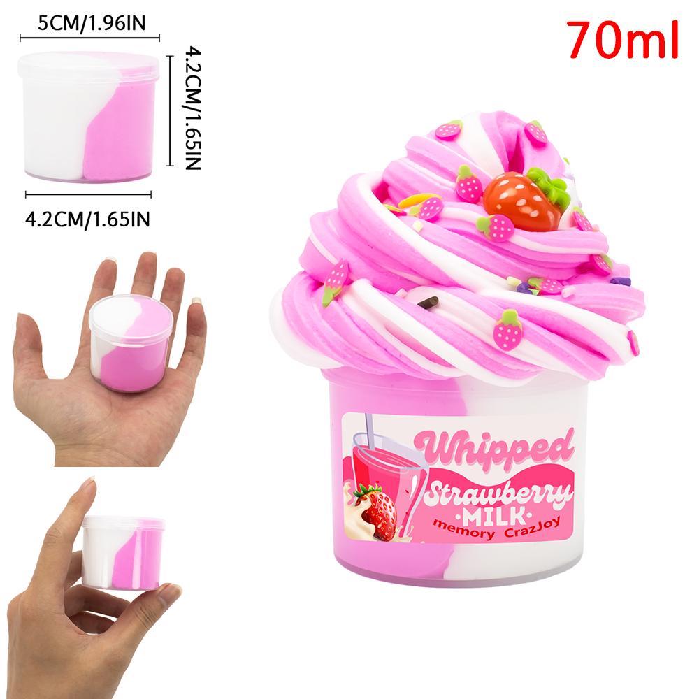 1Pcs Super Stretchy Bicolor Butter Slime Kit-Scented DIY Fluffy Silly Putty with Strawberry Coffee Charms,Anti-Stress Toy