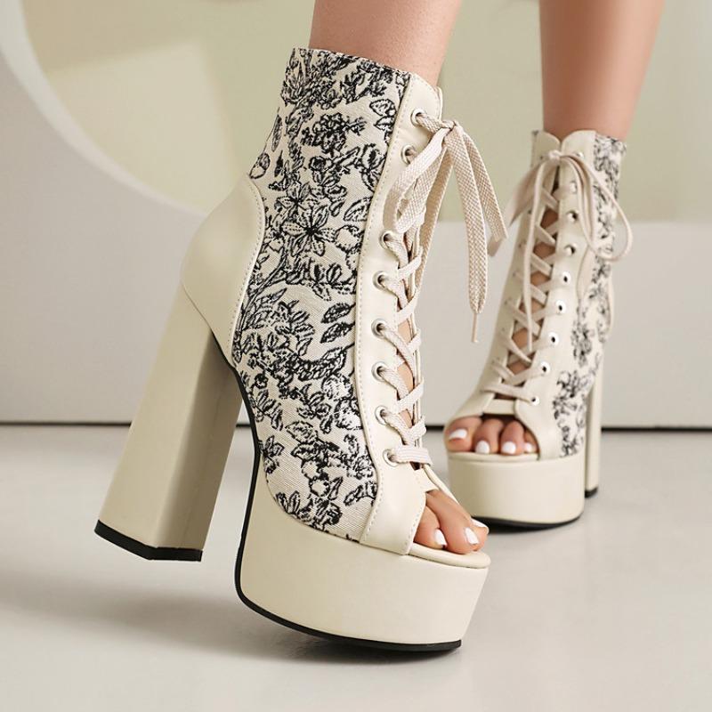 New Super High Heels 14.5cm Sandals for Women Fish Mouth Strap, Bare Cool Boots, Front Strap, Floral Women Platform Sandals