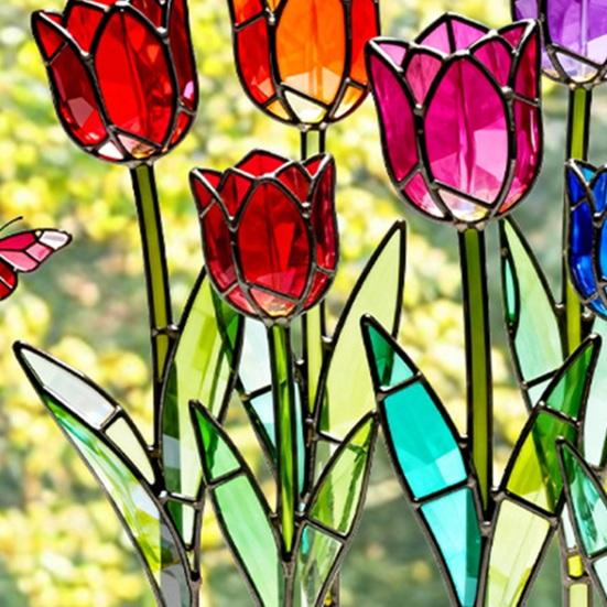 Tulip Stained Glass Window Film Decorative Tulip Bouquet Butterfly Window Cling Reusable Static Glass Sticker for Bathroom Living Room