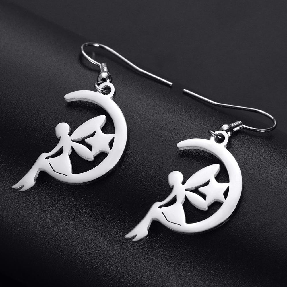 Teamer Hollow Moon Star Drop Earrings Stainless Steel Flower Elf Pendant Dangle Earrings for Women Wedding Party Jewelry Gifts