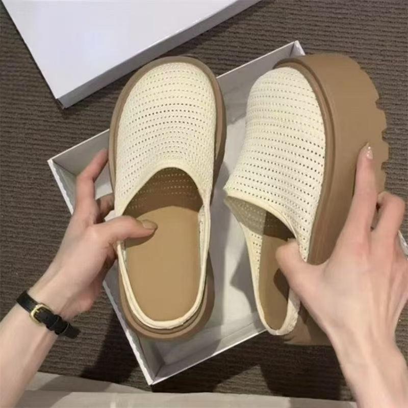 

Baotou one-pedal lazy shoes new solid color fly-woven breathable semi-slippers casual platform slippers women 40