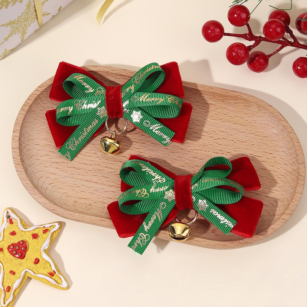 2Pcs Letter “Merry Christmas” Bow Hair Clip Exquisite Velvet Bow Bell Pendant Hair Accessories For Girls Xmas Party Hairpin Gift