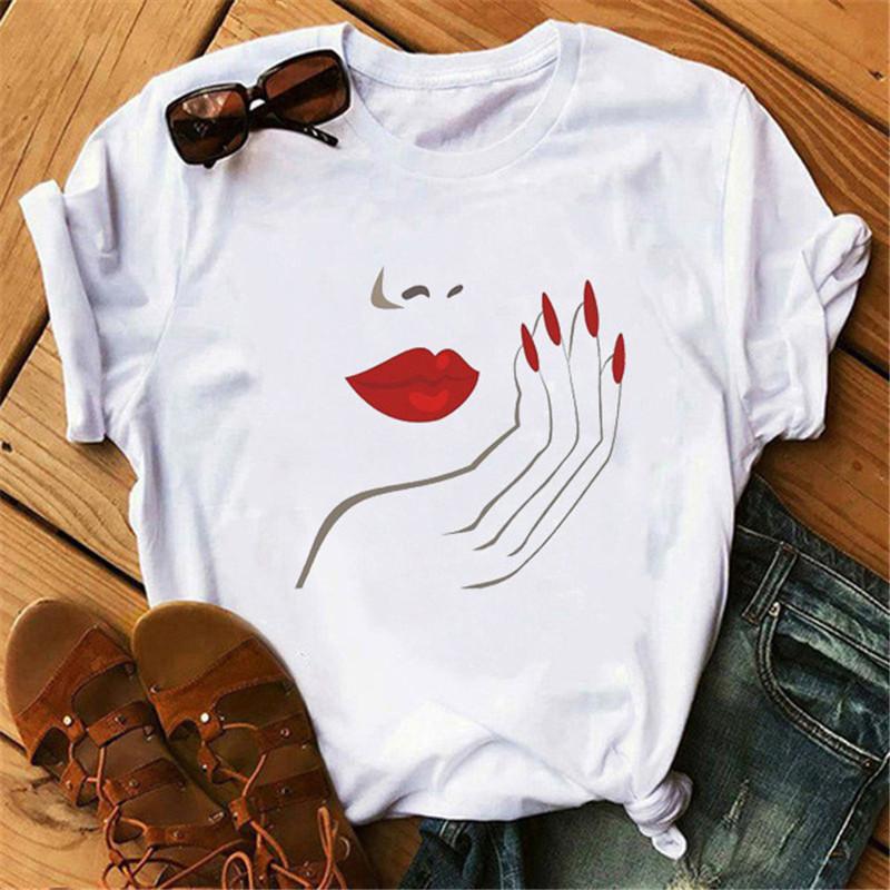 Korean Fashion Vintage Lip Graphic Women T-Shirt Goth 90S Summer Tees Loose White O-Neck Short Sleeve Y2K Tops Harajuku Blouses