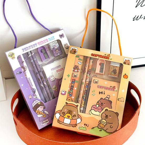 6Pcs Cute Stationery Set Portable Gift Box Kawaii Eraser Pencil Sharpener