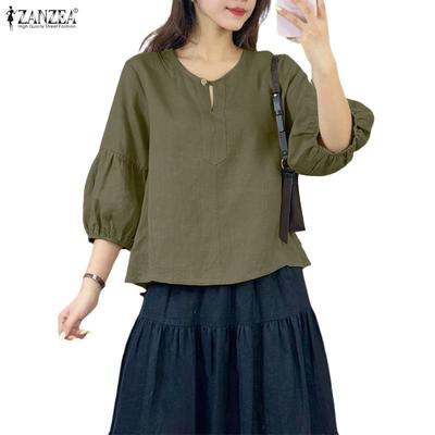Women Casual Round Neck Solid Color 3/4 Sleeve Blouse