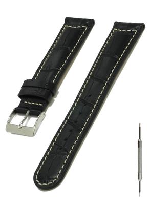 CASSIS MONACO 20mm Leather (Embossed Cowhide) Watch Strap with Waterproof Backing, Black, Includes Replacement Tool, U1035222019020M