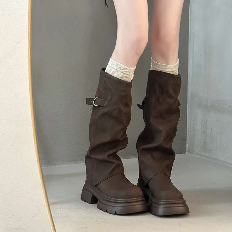 Women Boots Block Heel Fold Vintage Pleated Stack Western Boots Women'S  Round Toe Studded Knee-Free Knee Knight Boots