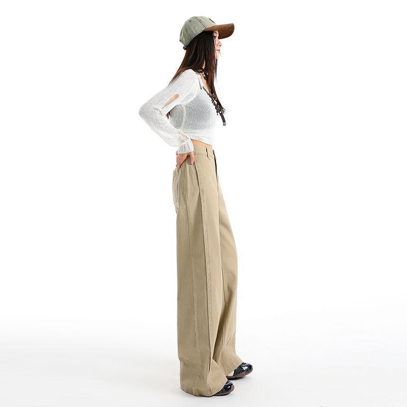 Early Spring Khaki High Waist Vintage Patchwork Slim Straight Wide Leg Denim Pants For Ladies Casual Pants Oversize Denim Trousers