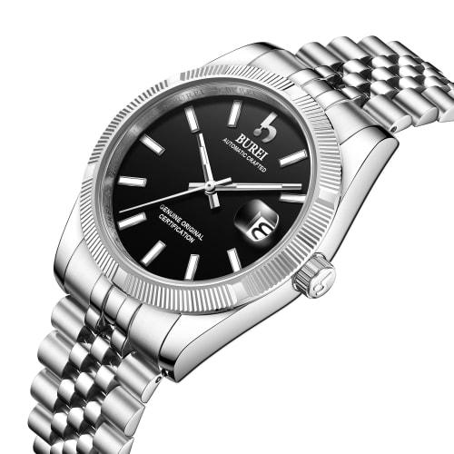 BUREI Men's Automatic Mechanical Watch, Waterproof, Analog, Popular for Business, Date Display, Black, Stylish, Simple, Luminous Watch