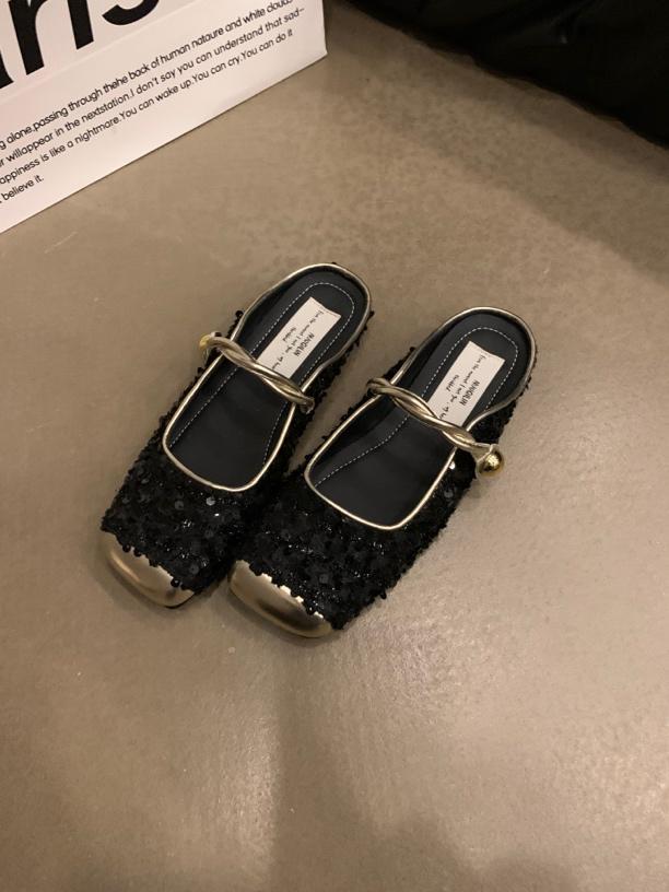 Sequined Silver Bag Head Half Slippers Spring and Summer Temperament Mary Jane Single Shoes Flat Mullers