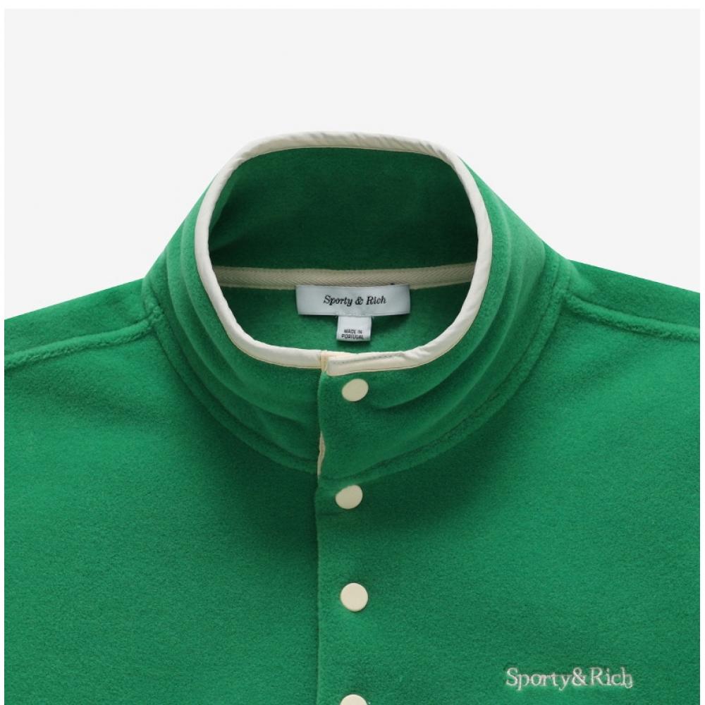 Sporty   Rich Qz741ve Kelly Cream Serif  Serif  Logo Button Polar Fleece Public Sweatshirt