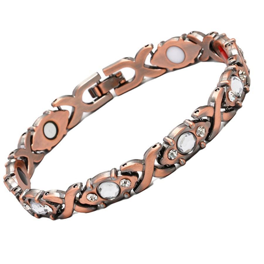 Bracciale Magnetico Europeo e Americano Transfrontaliero con Inlay di Foglie e Diamanti, Rame Rosso Antico, Spazzolato, Regolabile.