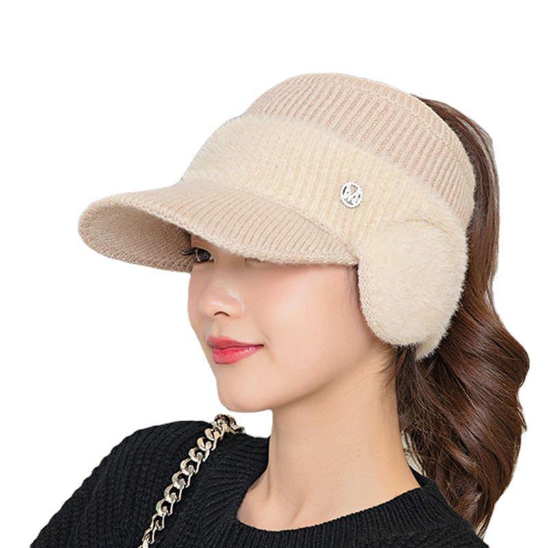 Women's Winter Earmuff Hats: Fashionable, Knitted, Polyester-Wool Cycling Caps with Hollow Top