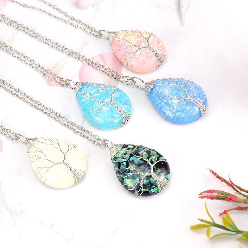 Handmade Copper Wire Winding Water Drop Tree Of Life Color Changing Corrugated Resin Necklace N516