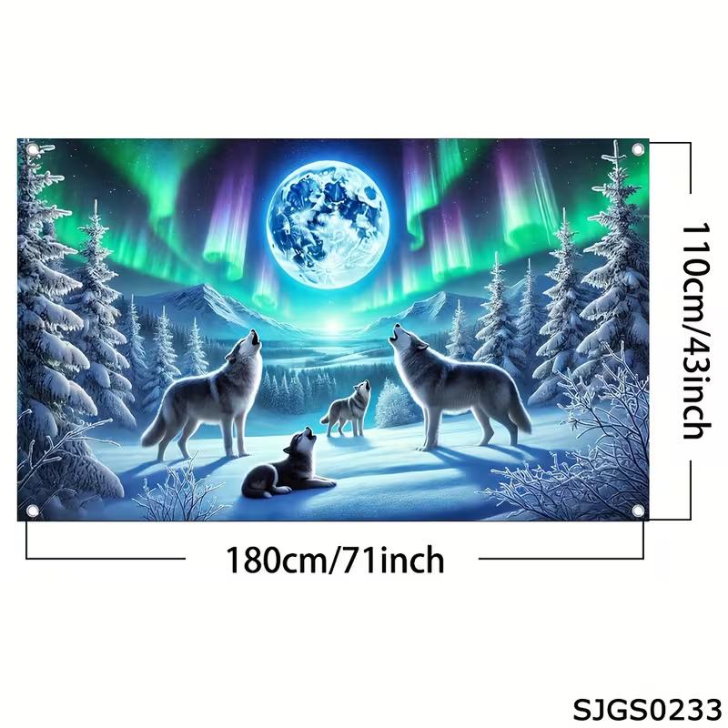 2D Full Moon Wolves Tapestry Northern Lights Photography Background