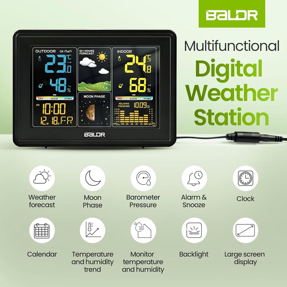  Wireless Digital Weather Station RCC Atomic Alarm Clock Calendar Temperature Humidity Moon Phase Barometer Forecast Sensor