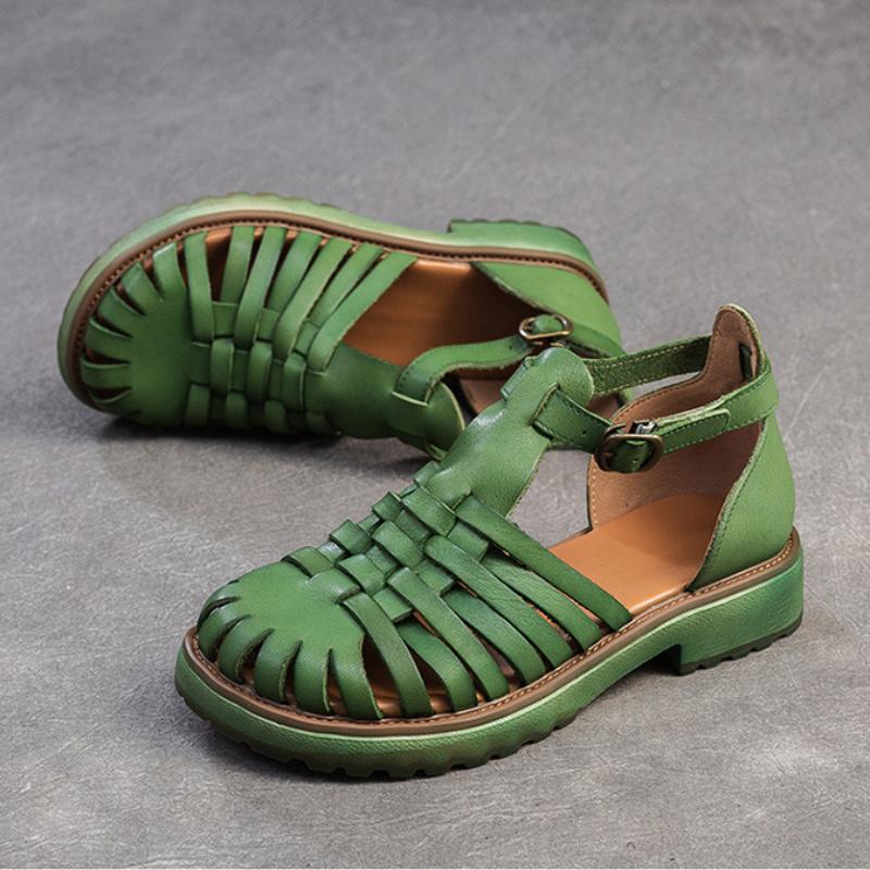 Johnature Pantofi de damă din piele naturală în stil roman retro, cu țesut, respirabil