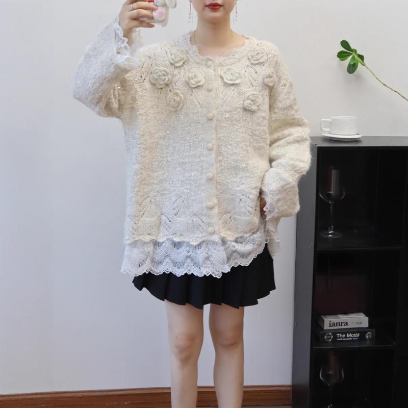 Three-dimensional flower splicing mesh design sense knitted cardigan autumn and winter new loose sweet sweater jacket women