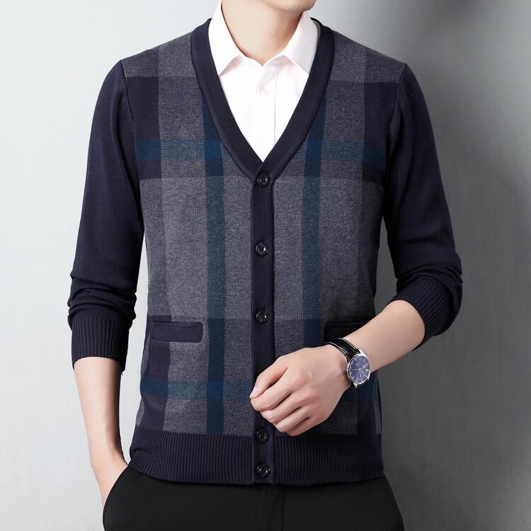 Men's Wool V-Neck Cardigan: Autumn & Winter Knit Long Sleeve Sweater - Thick, Warm, Business Style for Middle-Aged & Dad's Wear.