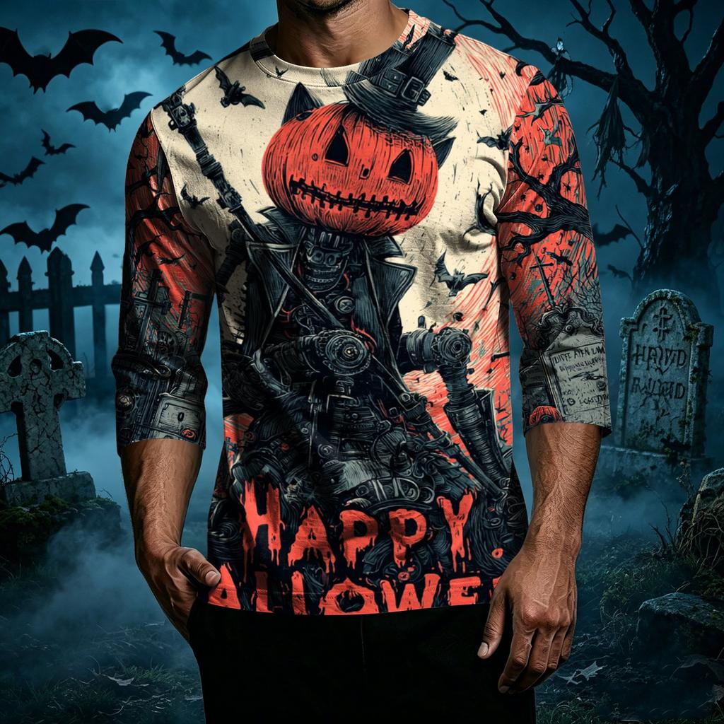 Men's Casual Halloween Graphic Crew Neck T-Shirt Three Quarter Sleeve Top Printed Design Comfortable Fit
