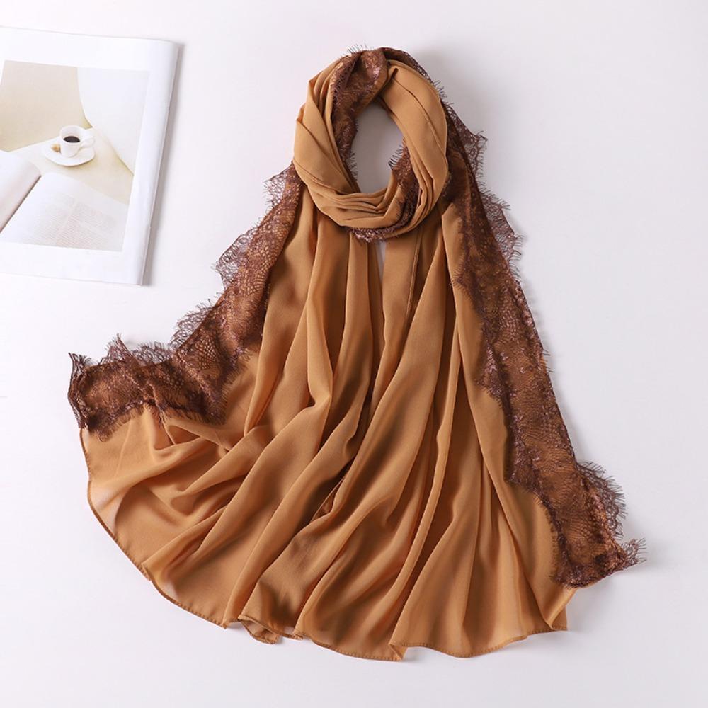 

Solid Color Silk Scarf Lace Edge Sunscreen Shawl Versatile Chiffon Hijab Veil Women Headwear