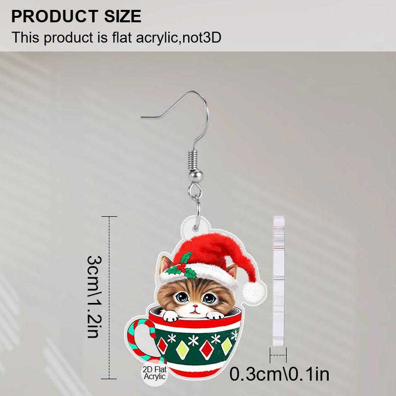 2D Flat Christmas-themed Women's Dangling Earrings, Colorful Christmas Earrings, Christmas Hat Cup Cat, Christmas Party Jewelry Gifts