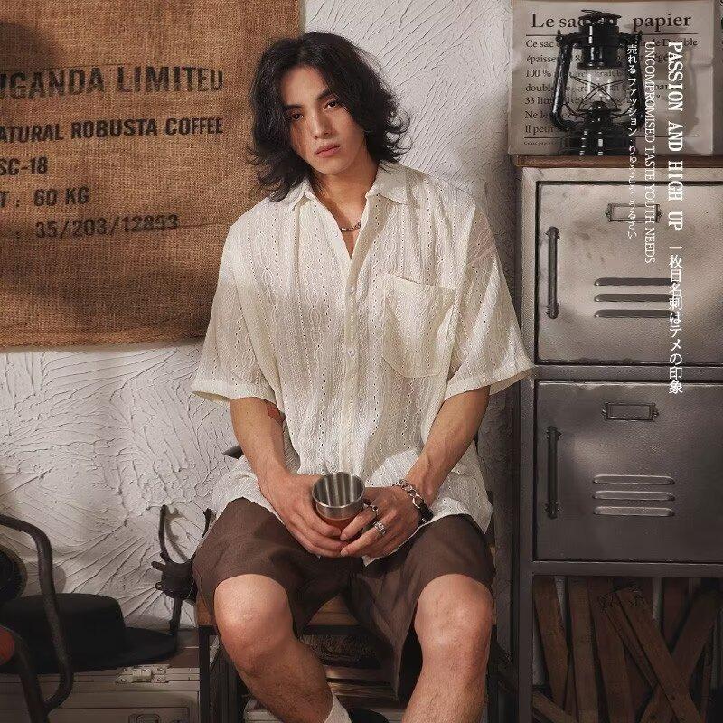 Retro Hollow Out Short Sleeve Shirt for Men, Summer Loose Lazy Style Casual Shirt, Breathable Mesh Design