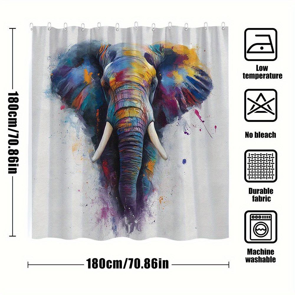 1 szt. Żywa zasłona prysznicowa ze słoniem - Kolorowy abstrakcyjny wzór w kolorach niebieskim, fioletowym, żółtym, czerwonym - Artystyczny poliester z 12 haczykami,