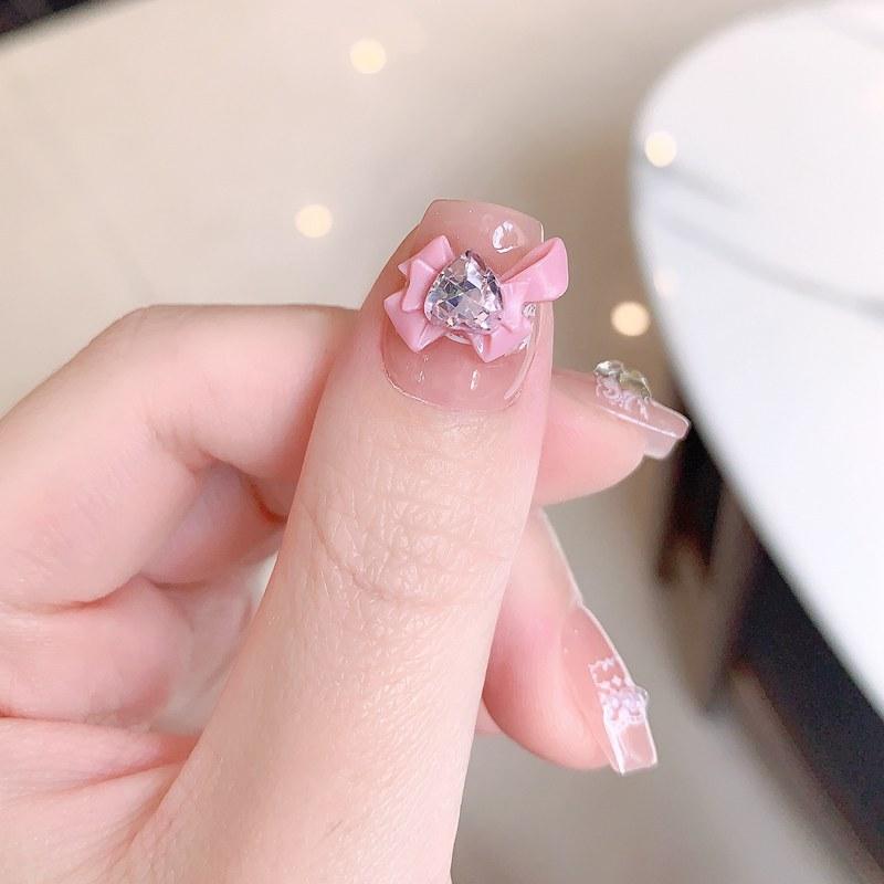 10 Pcs Handmade Pink Bow Heart Diamond Short Coffin Press On Nails Full Coverage Removable Fake Nails For Women And Girls