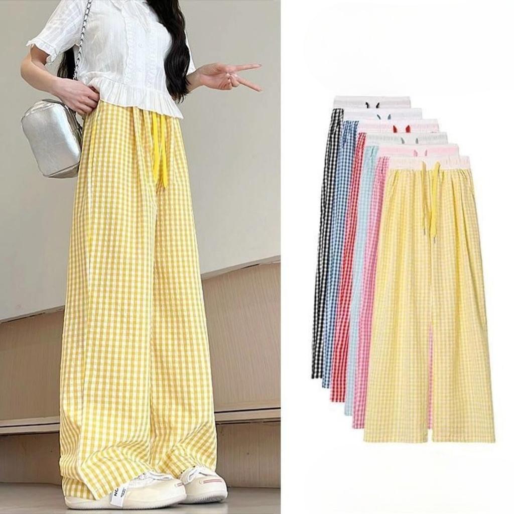 Women's High Waist Plaid Wide Leg Pants Loose Fit Casual Comfy Summer Lounge Trousers