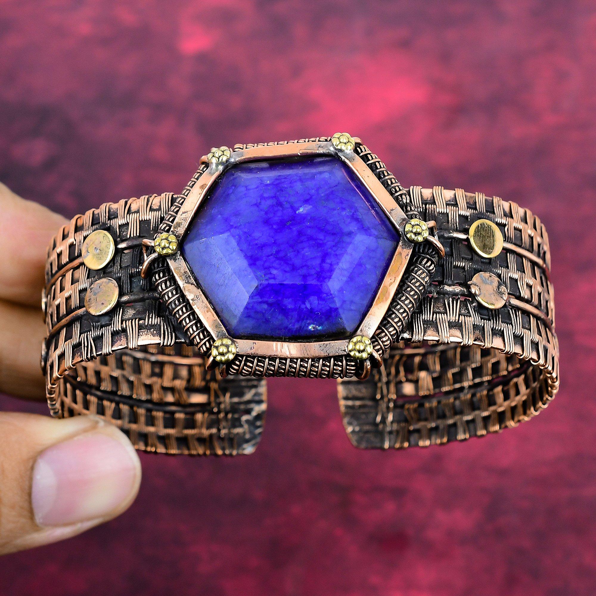 Граненый Синий Сапфир Браслет Медная Проволока Обернутое Украшение Регулируемый Браслет Adjustable