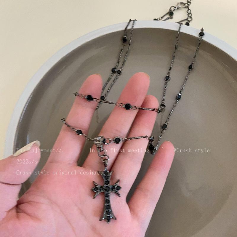 Zircon Cross Beaded Double Layer Choker Necklace for Women