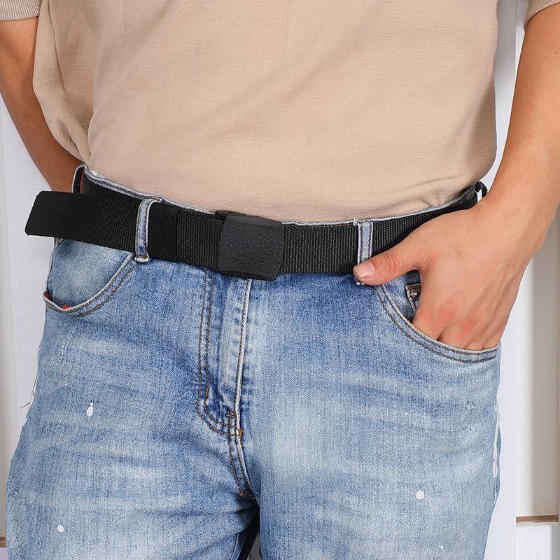 Ikke-metallisk sikkerhetsbelte i nylon med plastspenne, svart lerret og denimforlengelse, for utendørs bruk