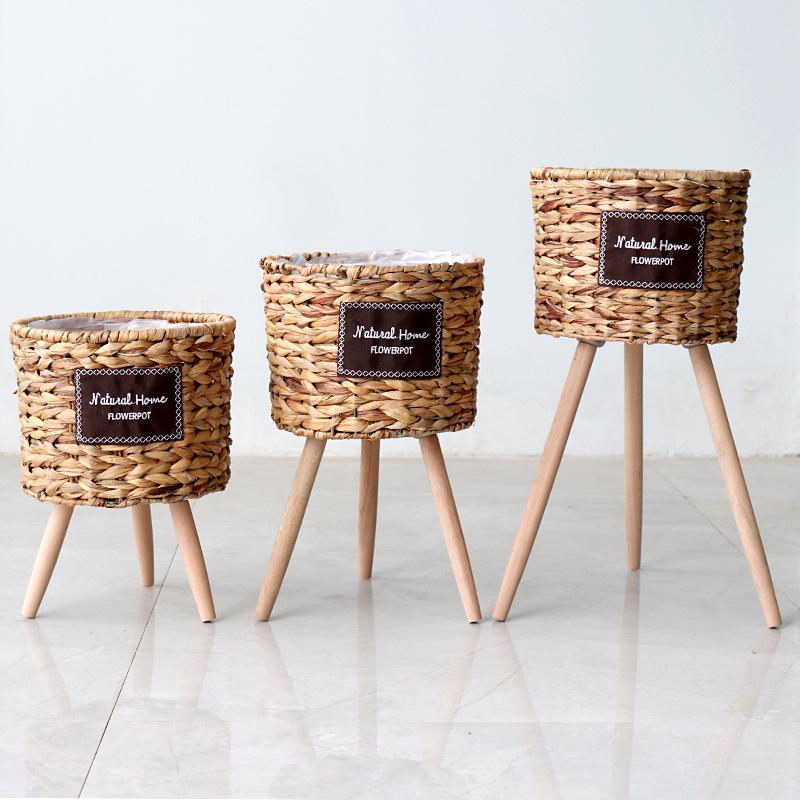 Nordic Rattan Straw Flower Basket with Wooden Stand for Indoor Decoration