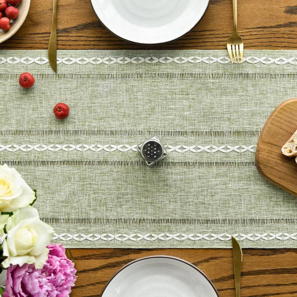 Table Runner Green Cotton Linen Soft Washable Rustic Embroidered for Hollow Kitchen Dining Home Party Table Decoration
