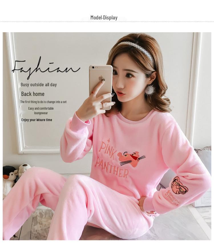 Women's Long-Sleeve Flannel Pajamas - Cute Cartoon Coral Fleece Set for Fall & Winter