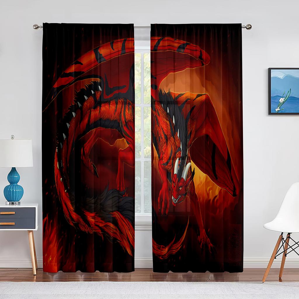 Two Golden Dragon On Red Background Sheer Voile Curtain for Living Room Bedroom Kitchen Transparent Tulle Curtain Window Drape