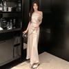 French Temperament High-end Swing Collar Slanted Shoulder Dress Waist-wrapped Hip Acetate Satin Summer New Long Skirt