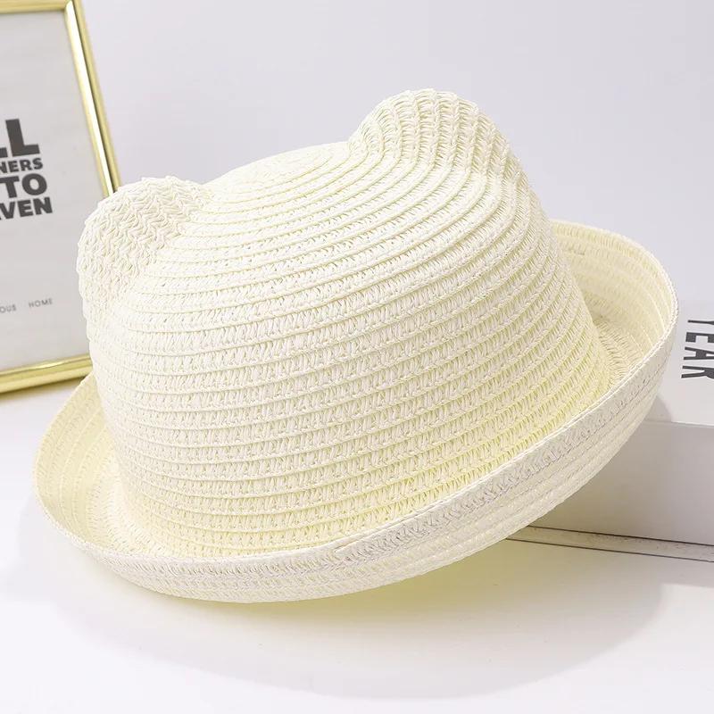 Summer Children Straw Hats For Boy Girl Cute Ears Kids Baby Panama Shades Beach Hat Unisex Breathable Dome Brim Rolled Sun Caps
