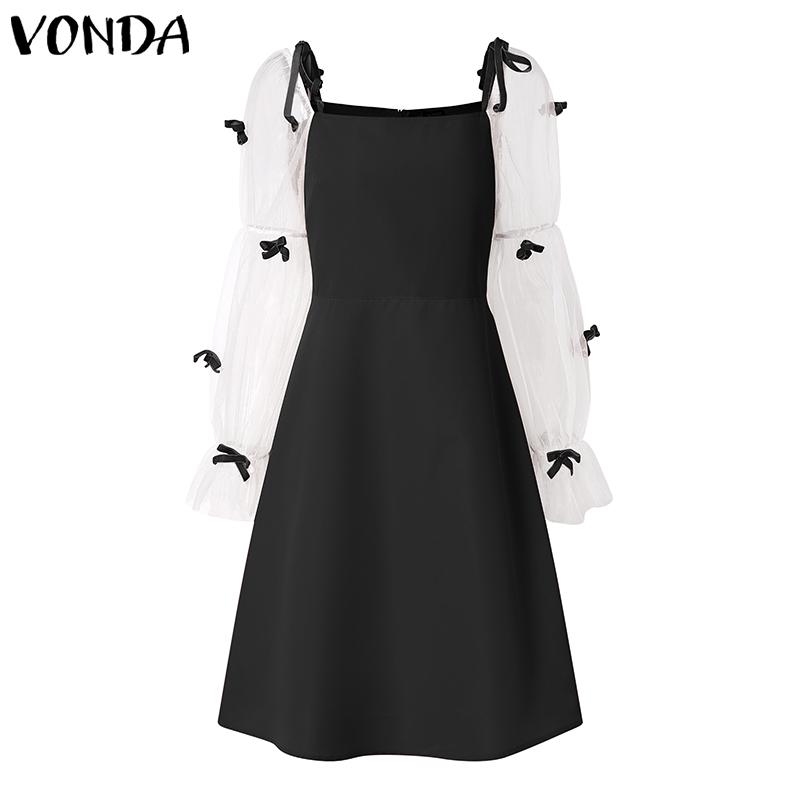 

VONDA Женские платья А-силуэта с квадратным вырезом, сетчатыми рукавами-фонариками, длинными рукавами и бантом S чёрный