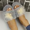 Fashion Light Open Toe Cotton Slippers for Women Elegant Pearls Detor Indoor Cotton Slippers Woman Soft Faux Fur Flats Plush Slides Lady