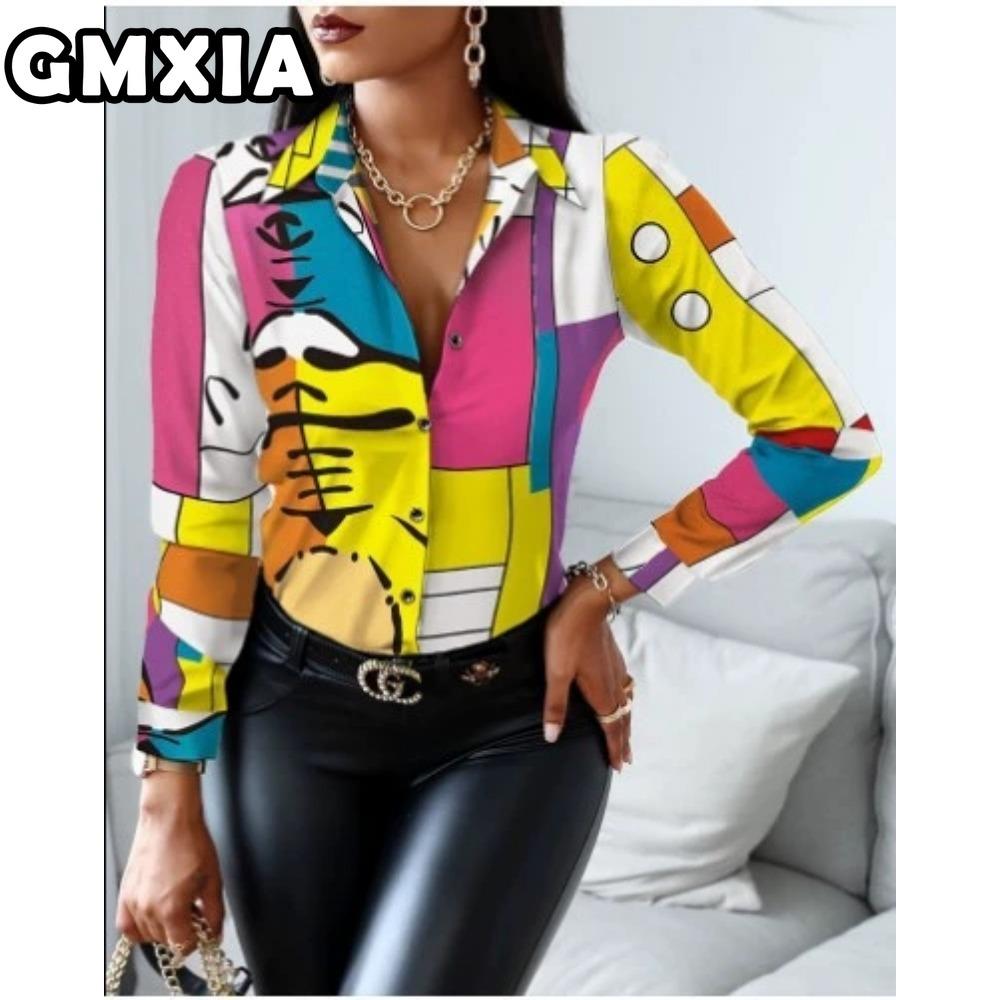 GMXIA Damenmode Lässig Freizeit Einfarbig Druck Langarm POLO Kragen Blusen & Hemden