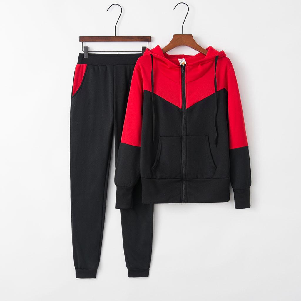 Women Solid Color Hooded Sweatshirt and Pant Tracksuit Sport Suit