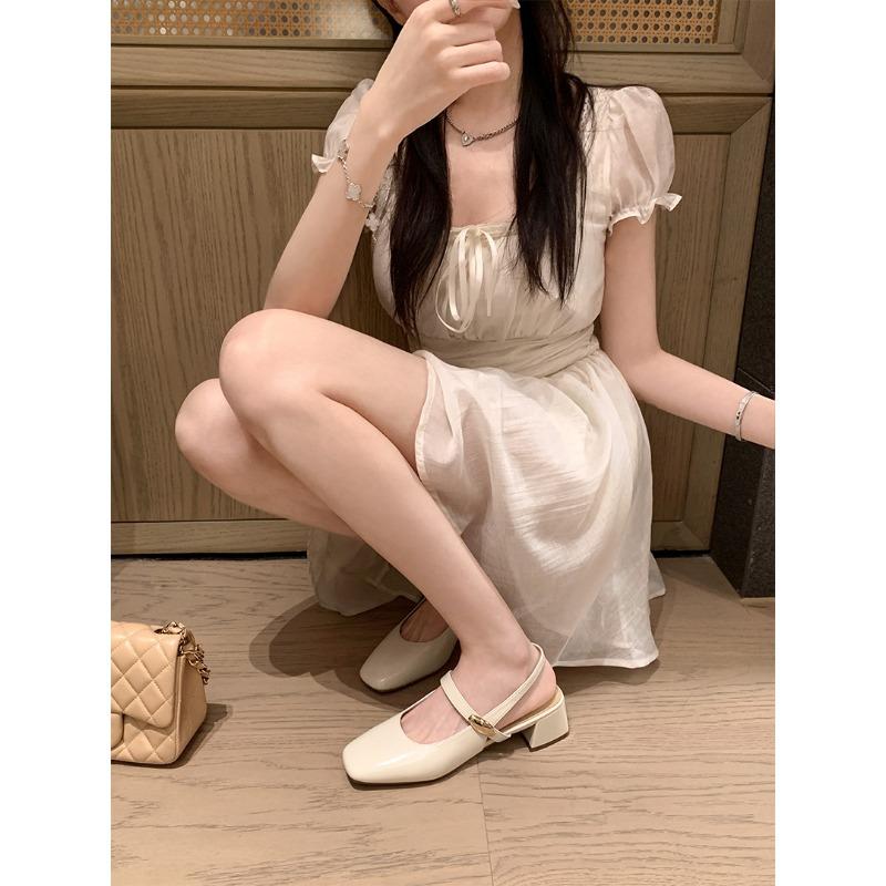 Gold Buckle Square Toe Thick-heeled Shoes High-heeled Sandals Single Shoes