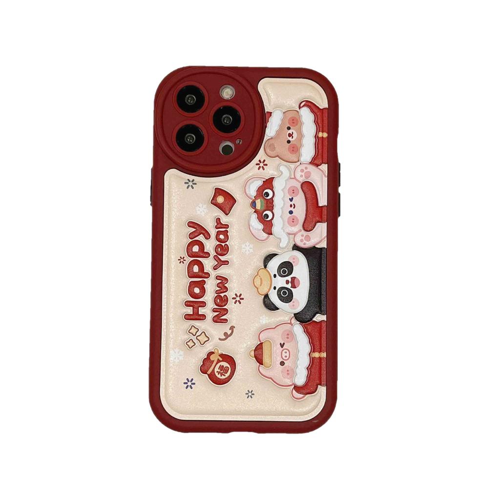 Happy New Year 2023 Leather Cartoon Animal Bear Rabbit Pig Panda Phone Case For Iphone 13 12 11 Promax 14 Pro Max Back Cover
