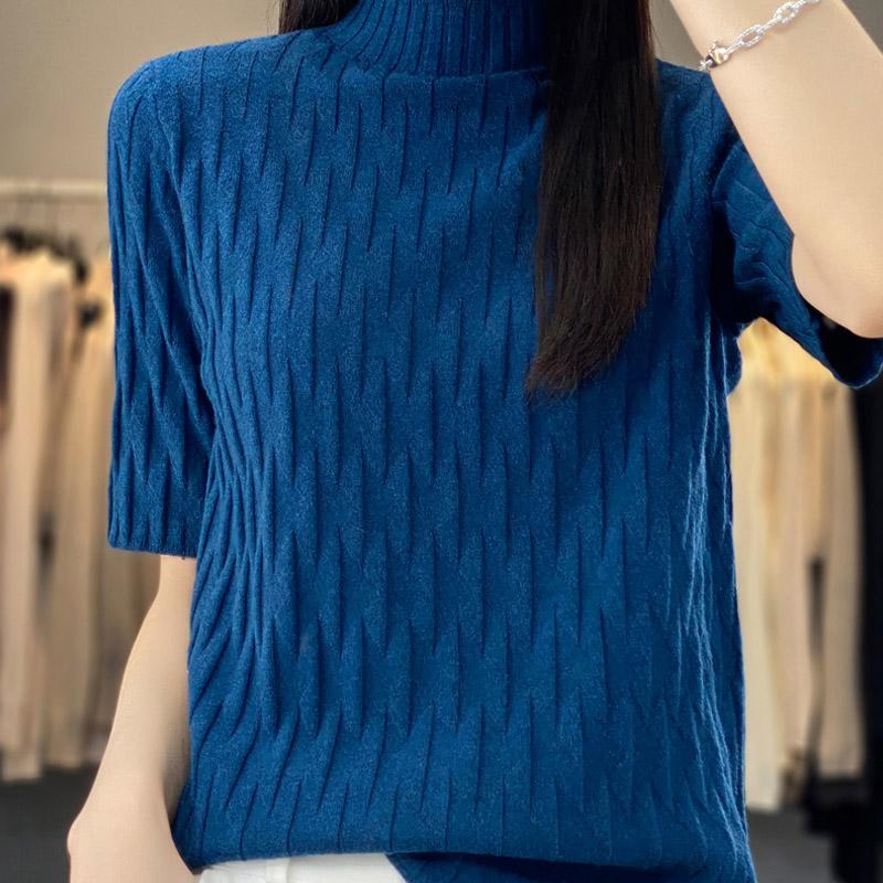 Damen Pullover 2025 Sommer Kurzarm Halber Rollkragen Schwarz Weiß Strickpullover Damen Oberteile Pullover JJ301